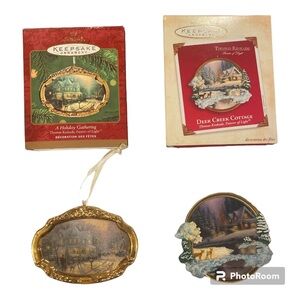 Thomas Kinkade Hallmark Keepsake Ornament Holiday Gathering & Deer Creek Cottage